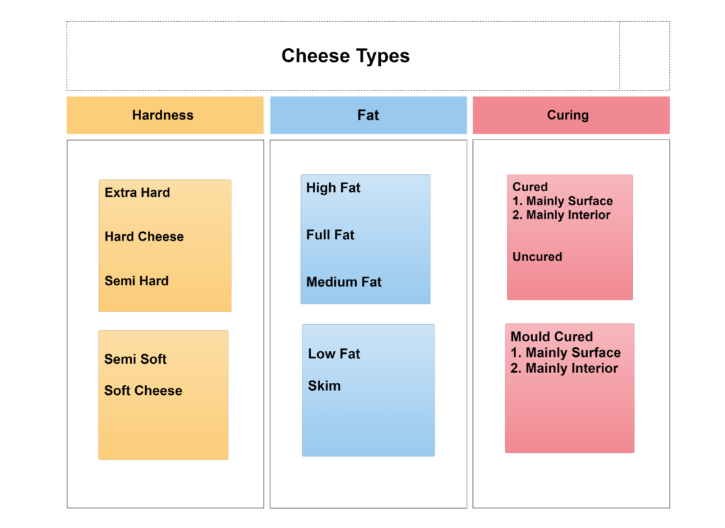Illustration of the various steps involved in the cheese-making process, including milk preparation, acidification, coagulant addition, curd cutting, stirring, and more.